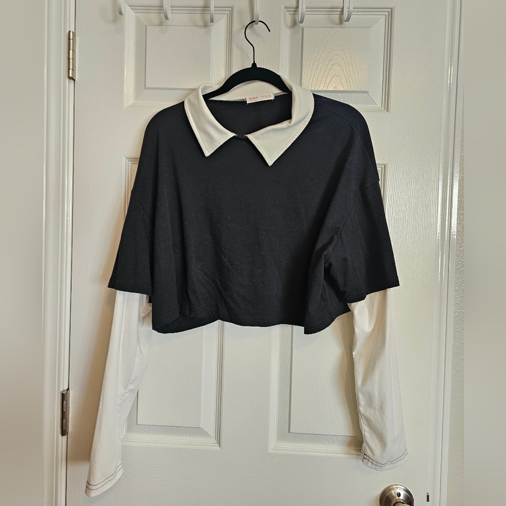 Black And White Collared Crop Top
